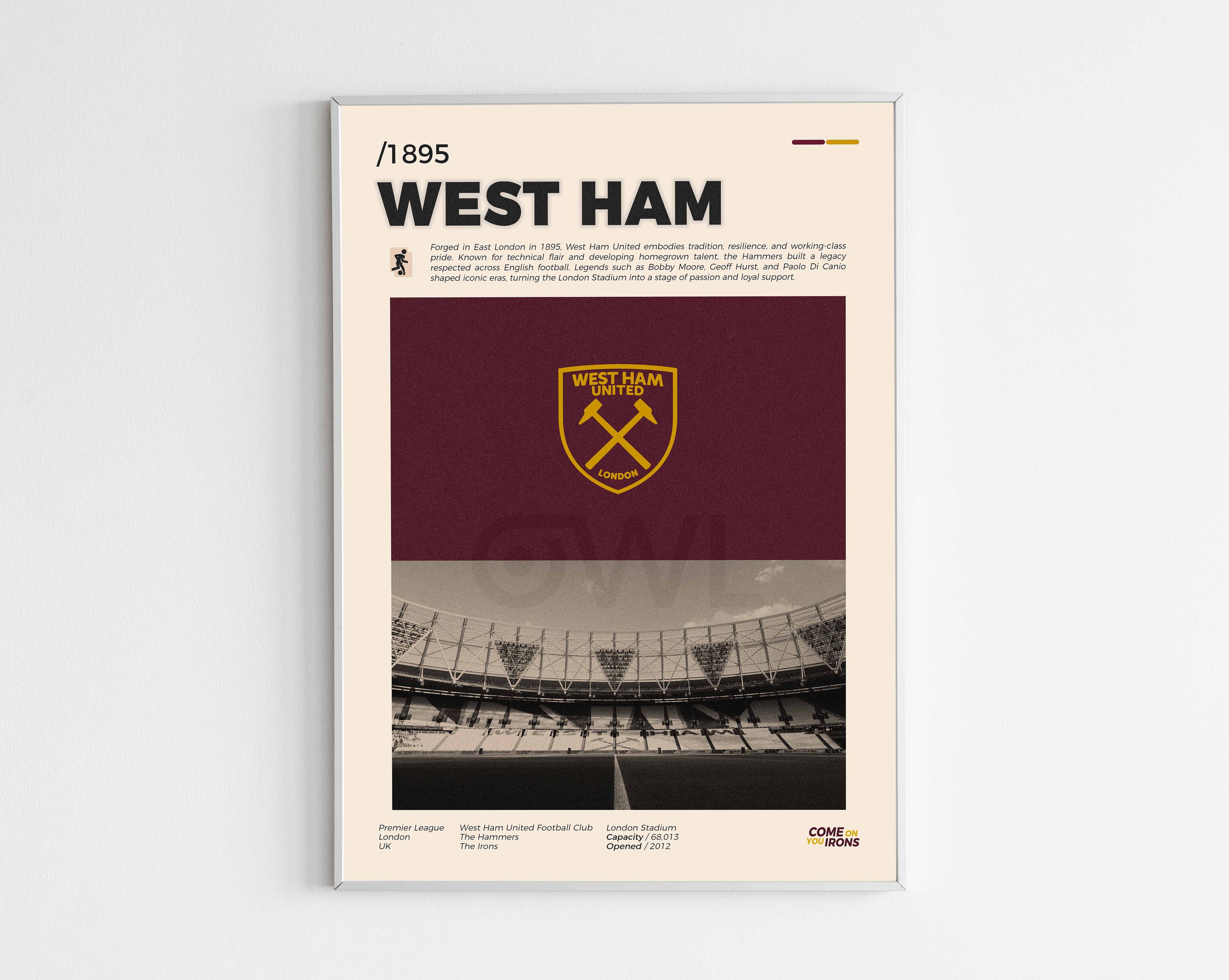Poster minimaliste encadré du club West Ham United bien visible sur fond blanc, impression premium 300g.
