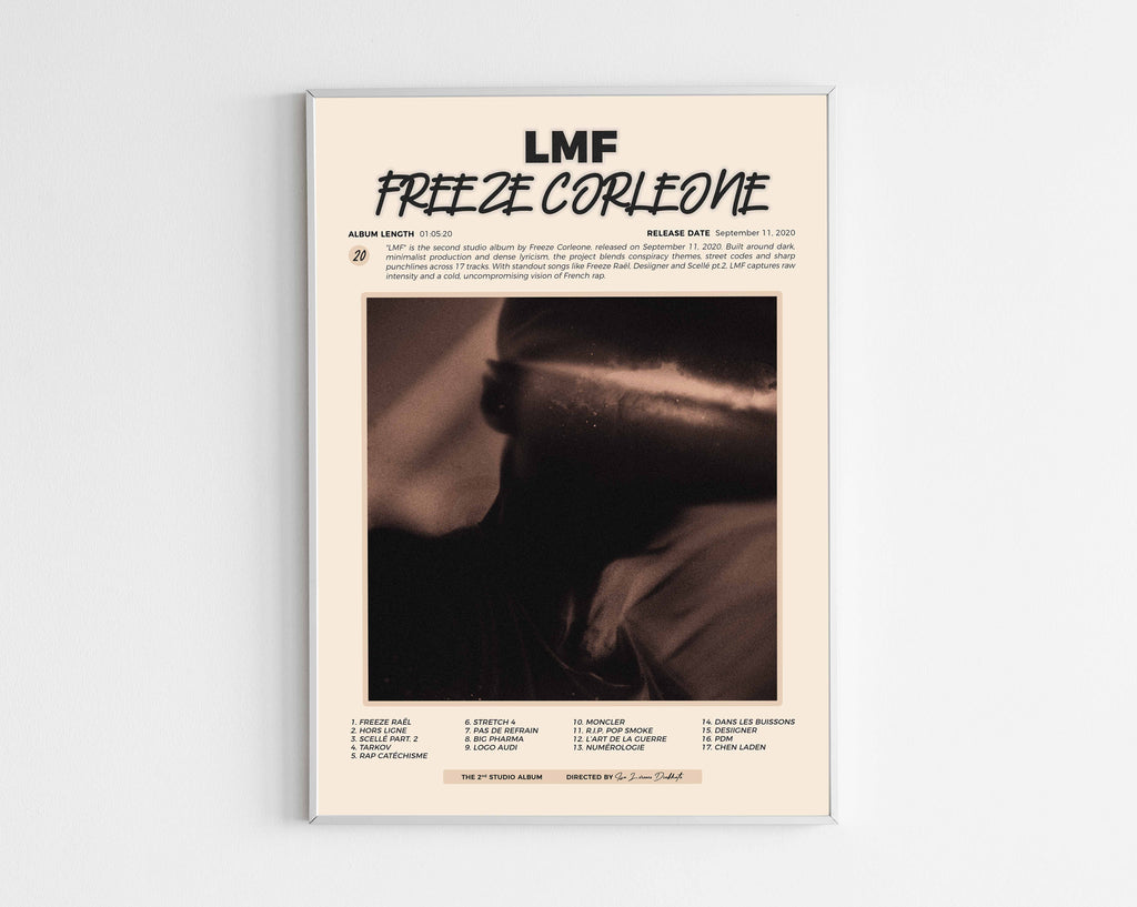 Poster minimaliste encadré de l'album LMF de Freeze Corleone bien visible sur fond blanc, impression premium 300g.