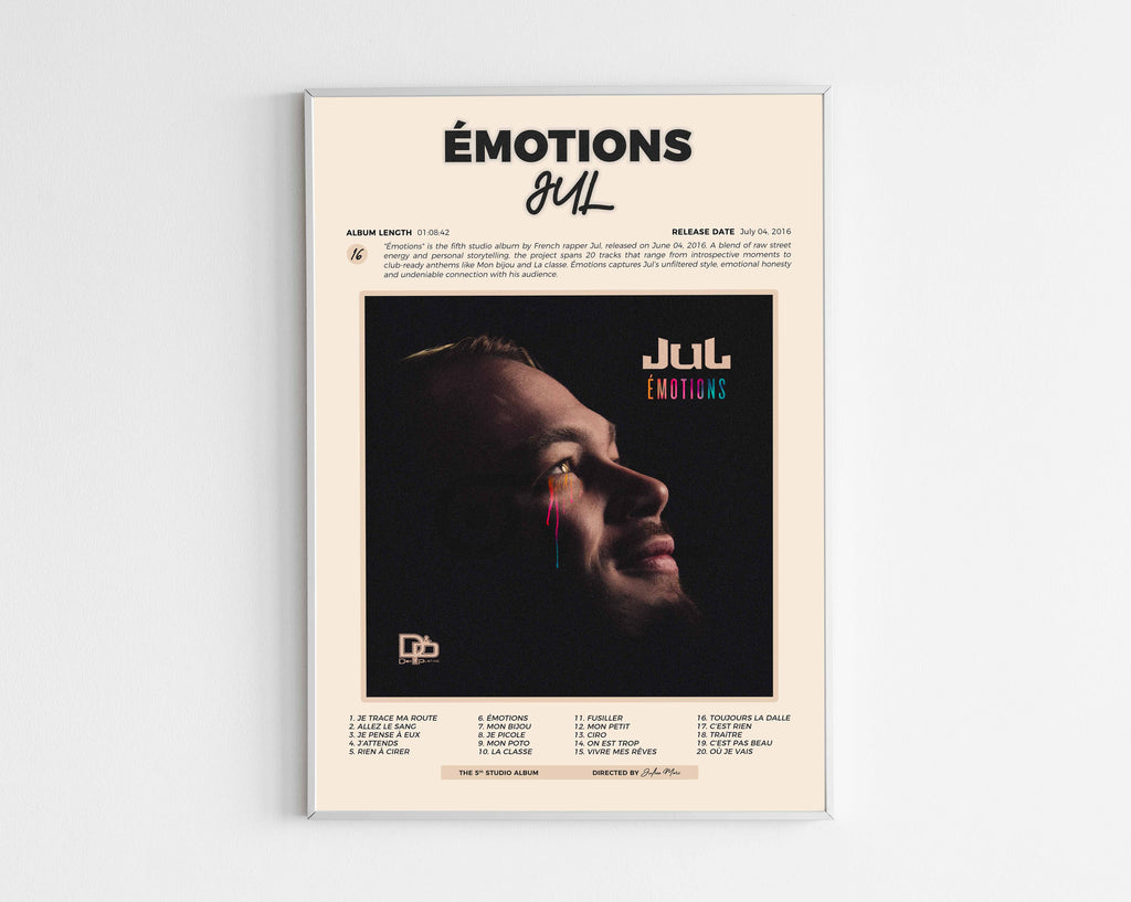 Poster design de l'album Émotions de Jul, style minimaliste avec tracklist et détails de production, idéal pour collectionneur de rap marseillais.
