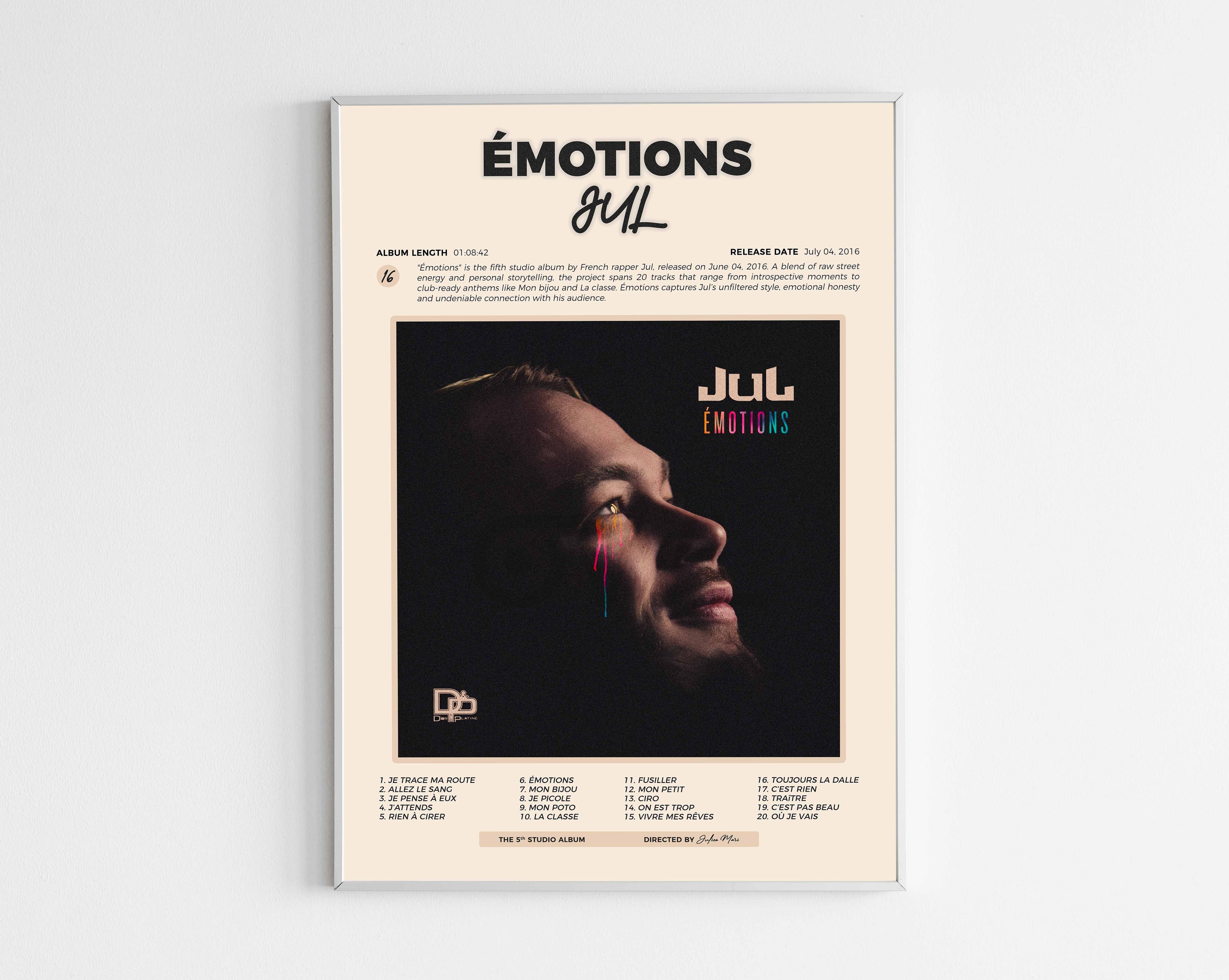 Poster design de l'album Émotions de Jul, style minimaliste avec tracklist et détails de production, idéal pour collectionneur de rap marseillais.
