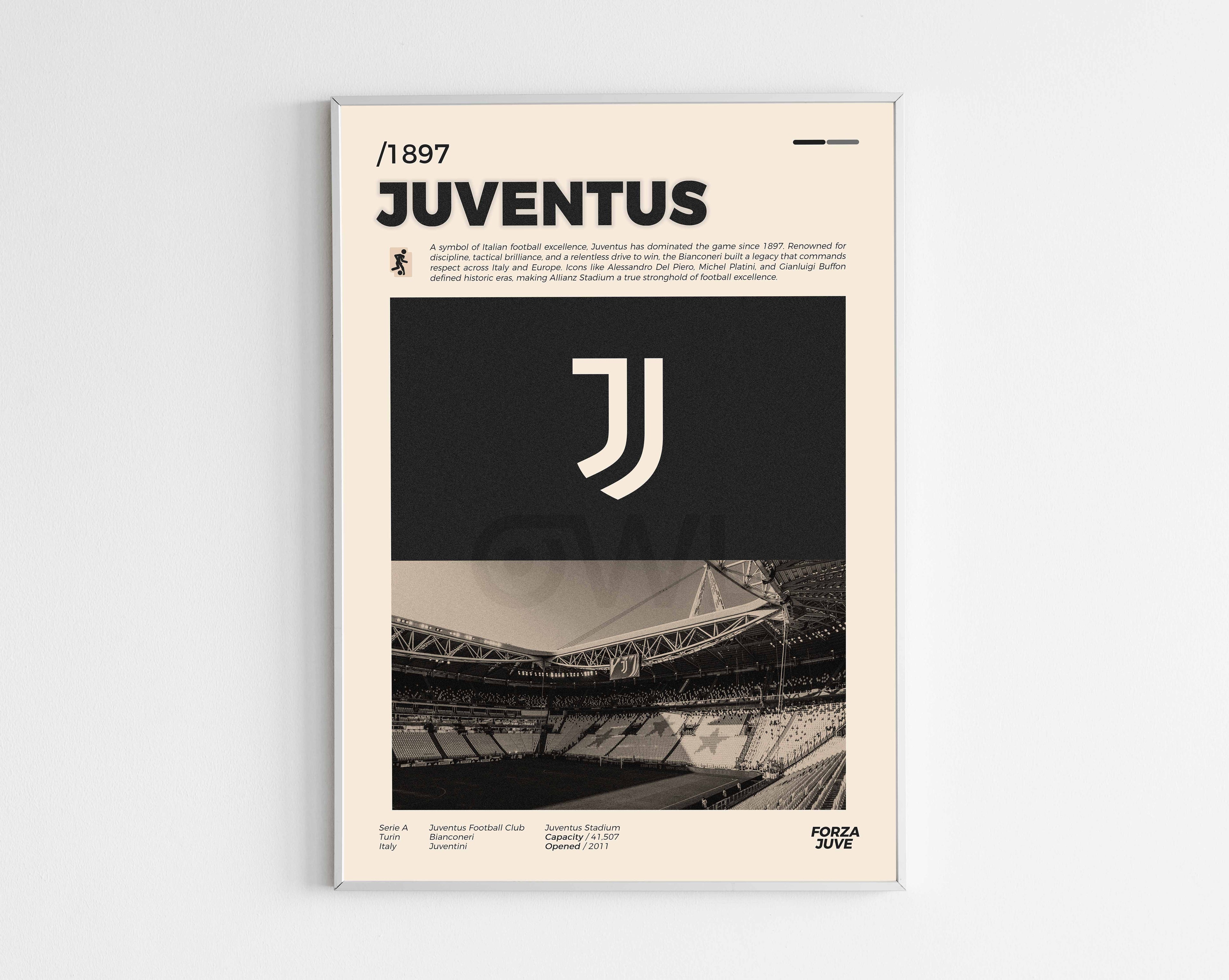 Poster minimaliste encadré de la Juventus bien visible sur fond blanc, logo club de foot Turin, impression premium.