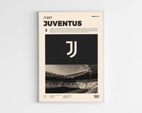 Poster minimaliste encadré de la Juventus bien visible sur fond blanc, logo club de foot Turin, impression premium.