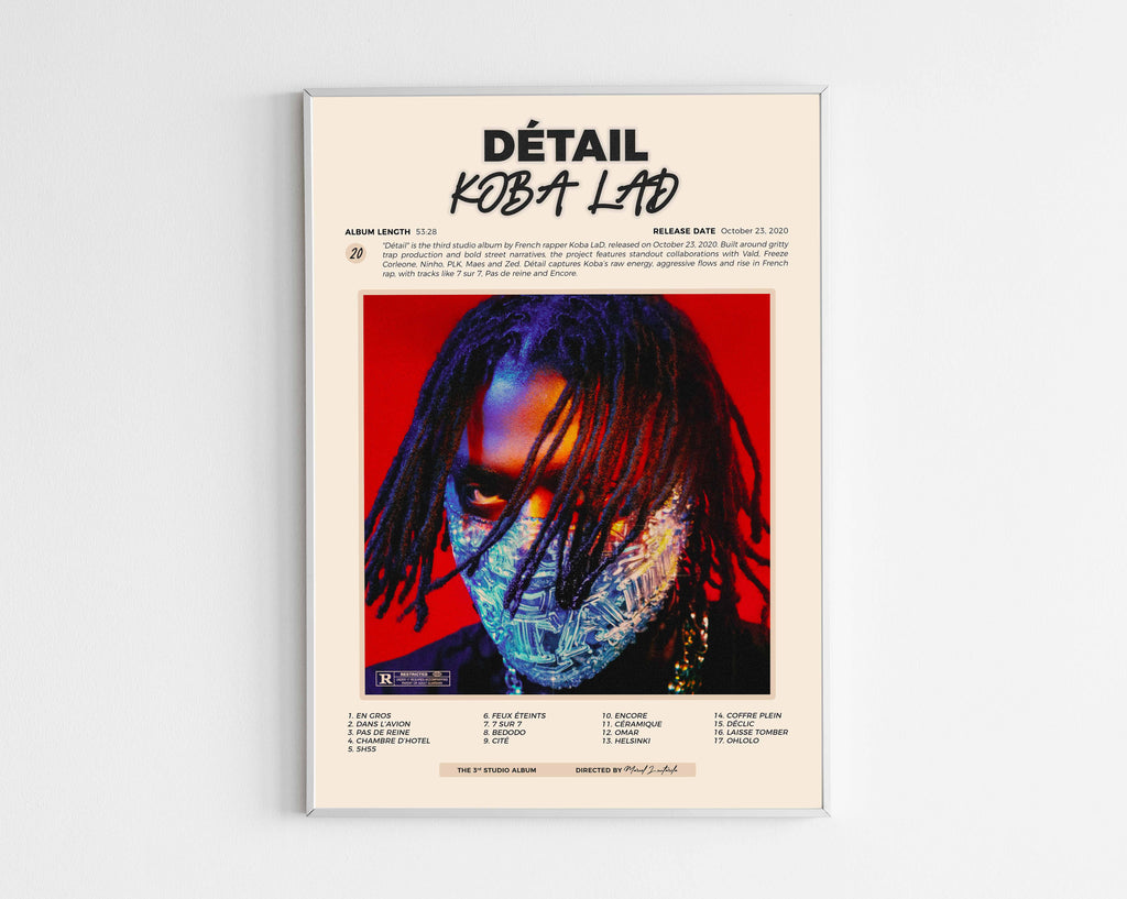 Poster minimaliste encadré de l'album Detail de Koba LaD bien visible sur fond blanc, impression premium 300g.