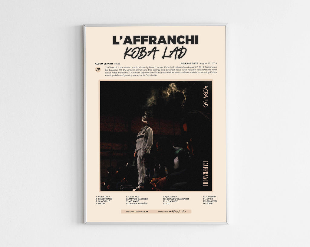 Poster minimaliste encadré de l'album L'Affranchi de Koba LaD bien visible sur fond blanc, impression premium 300g.