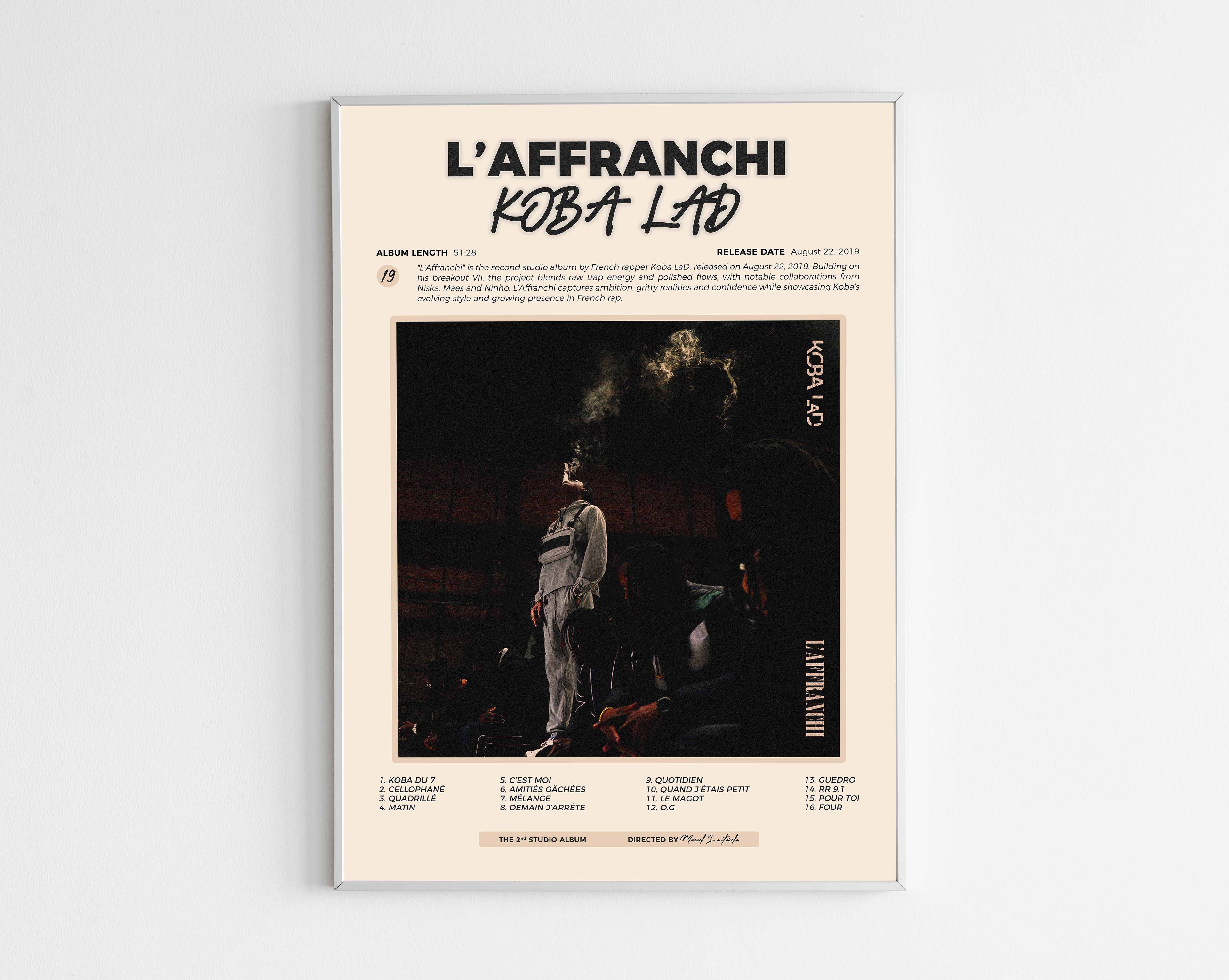 Poster minimaliste encadré de l'album L'Affranchi de Koba LaD bien visible sur fond blanc, impression premium 300g.