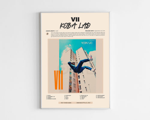 Poster design de l'album VII de Koba LaD, style minimaliste avec tracklist et détails de production, idéal pour collectionneur de rap français.