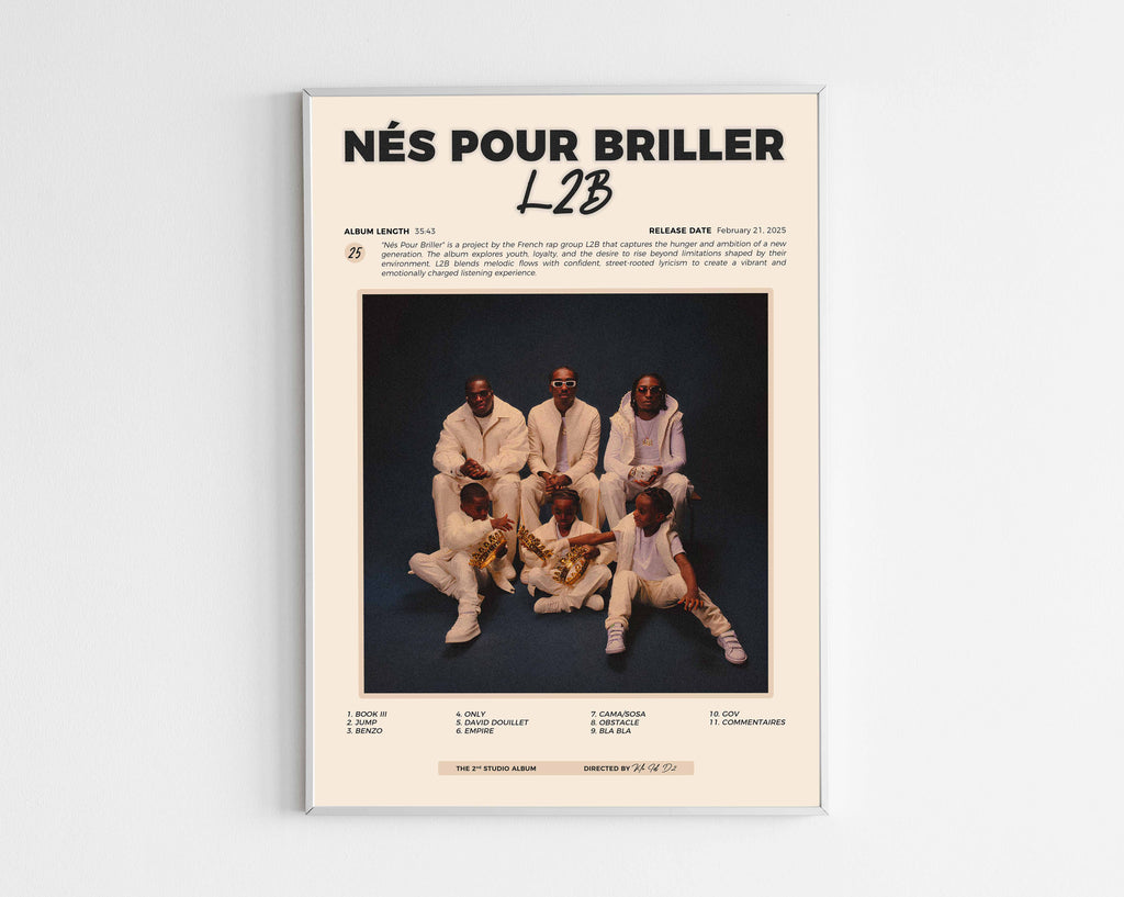 Poster minimaliste encadré de l'album Nes pour briller de L2B bien visible sur fond blanc, impression premium 300g.