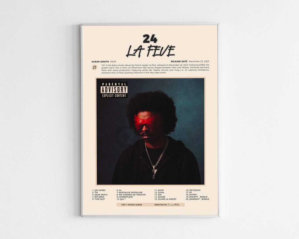 Poster minimaliste encadré de l'album 24 de La Feve bien visible sur fond blanc, impression premium 300g.