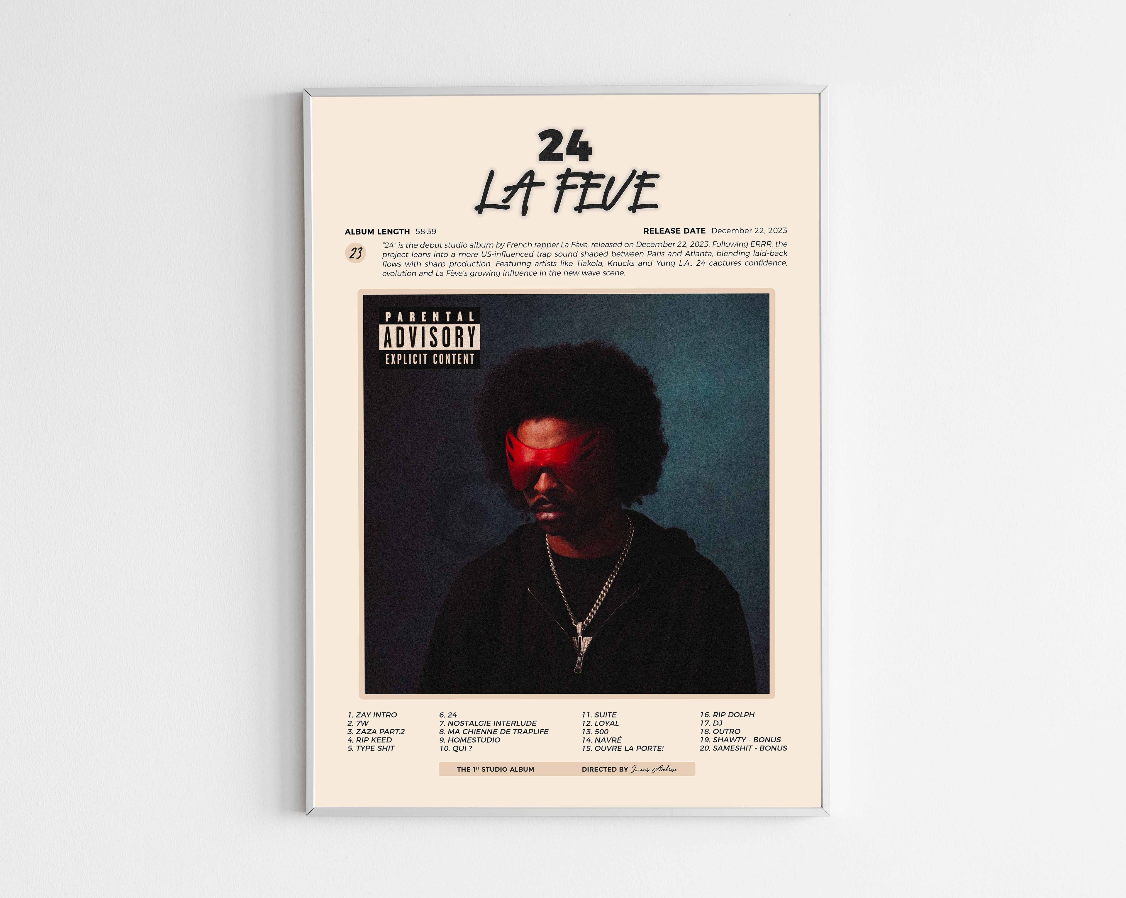 Poster minimaliste encadré de l'album 24 de La Feve bien visible sur fond blanc, impression premium 300g.