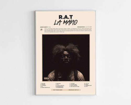 Poster minimaliste encadré de l'album R.A.T de La Mano 1.9 bien visible sur fond blanc, impression premium 300g.
