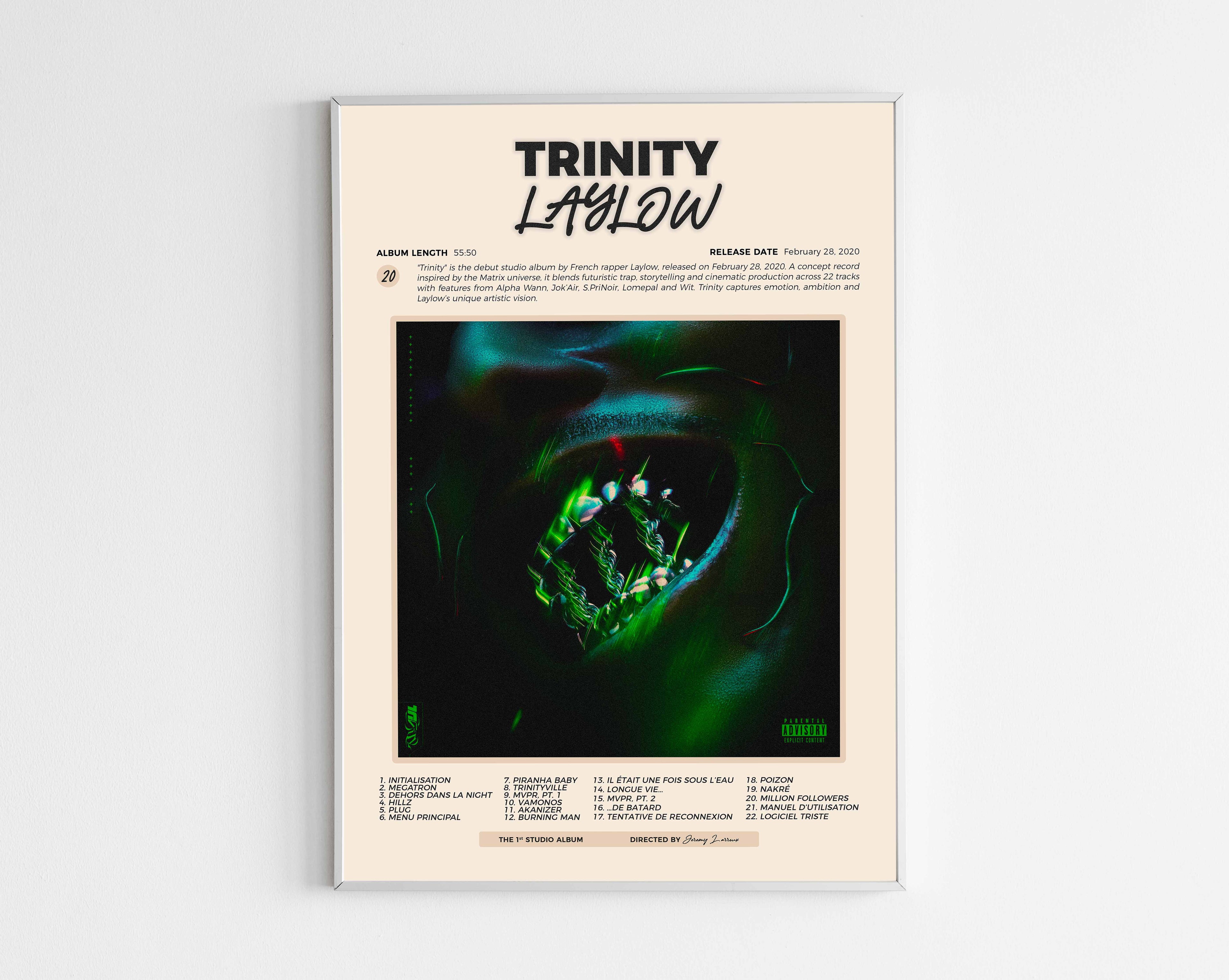 Poster minimaliste encadré de l'album Trinity de Laylow bien visible sur fond blanc, impression premium 300g.