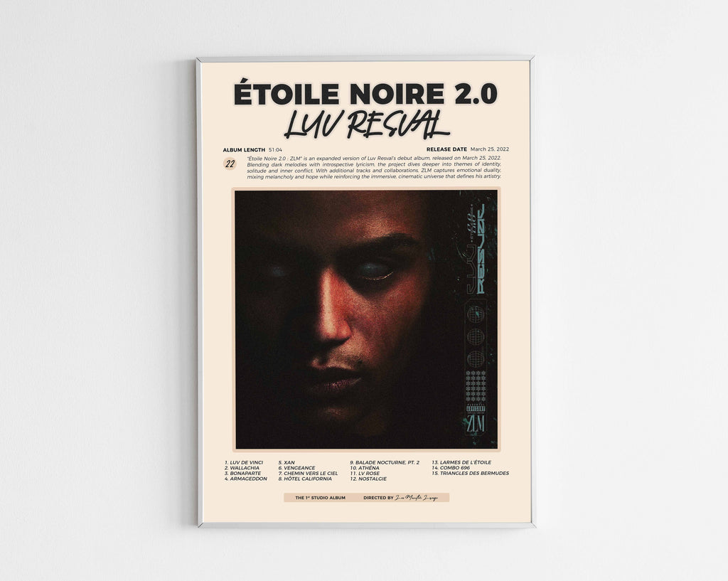 Poster minimaliste encadré de l'album Etoile Noire 2.0 ZLM de Luv Resval bien visible sur fond blanc, impression premium 300g.
