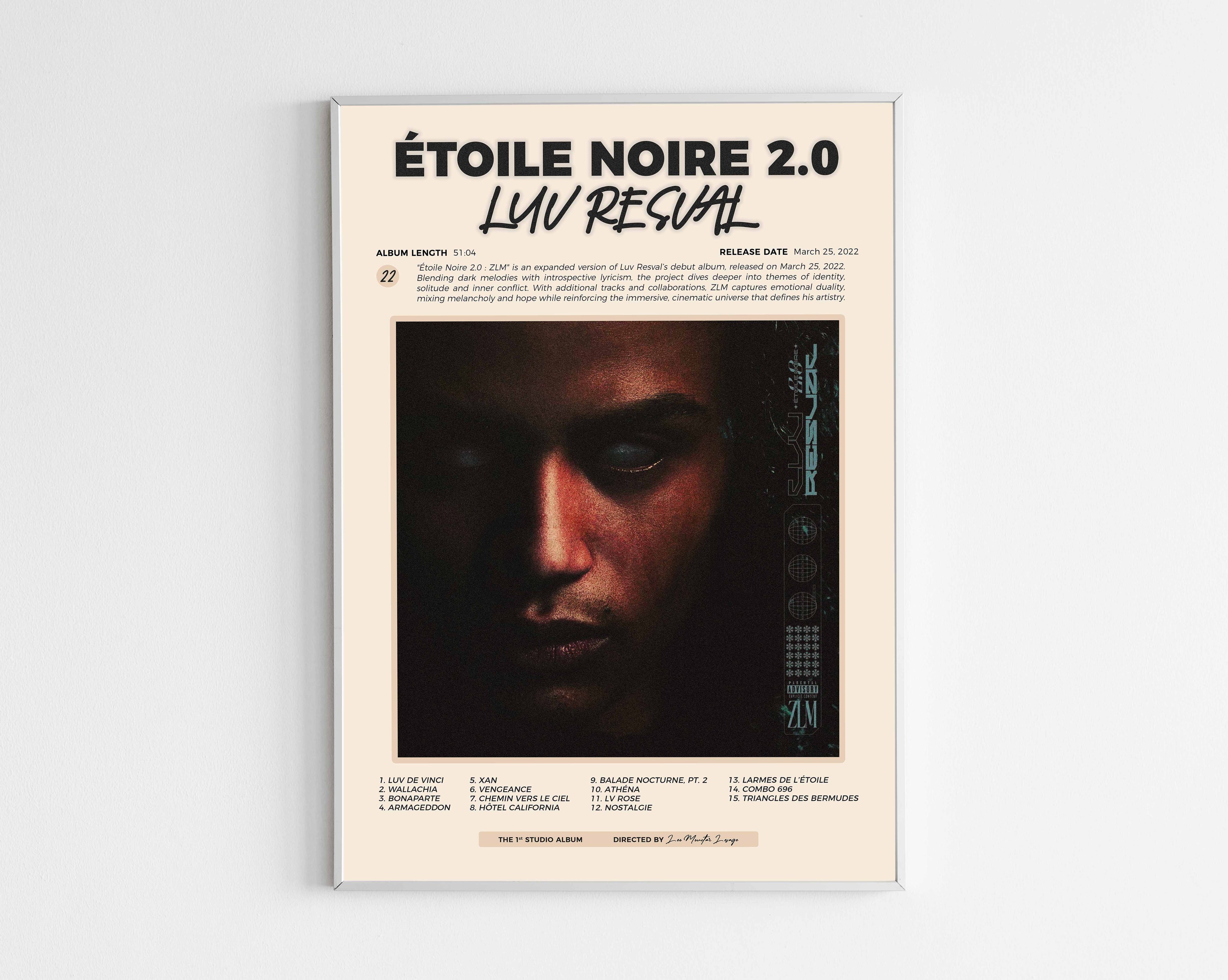 Poster minimaliste encadré de l'album Etoile Noire 2.0 ZLM de Luv Resval bien visible sur fond blanc, impression premium 300g.