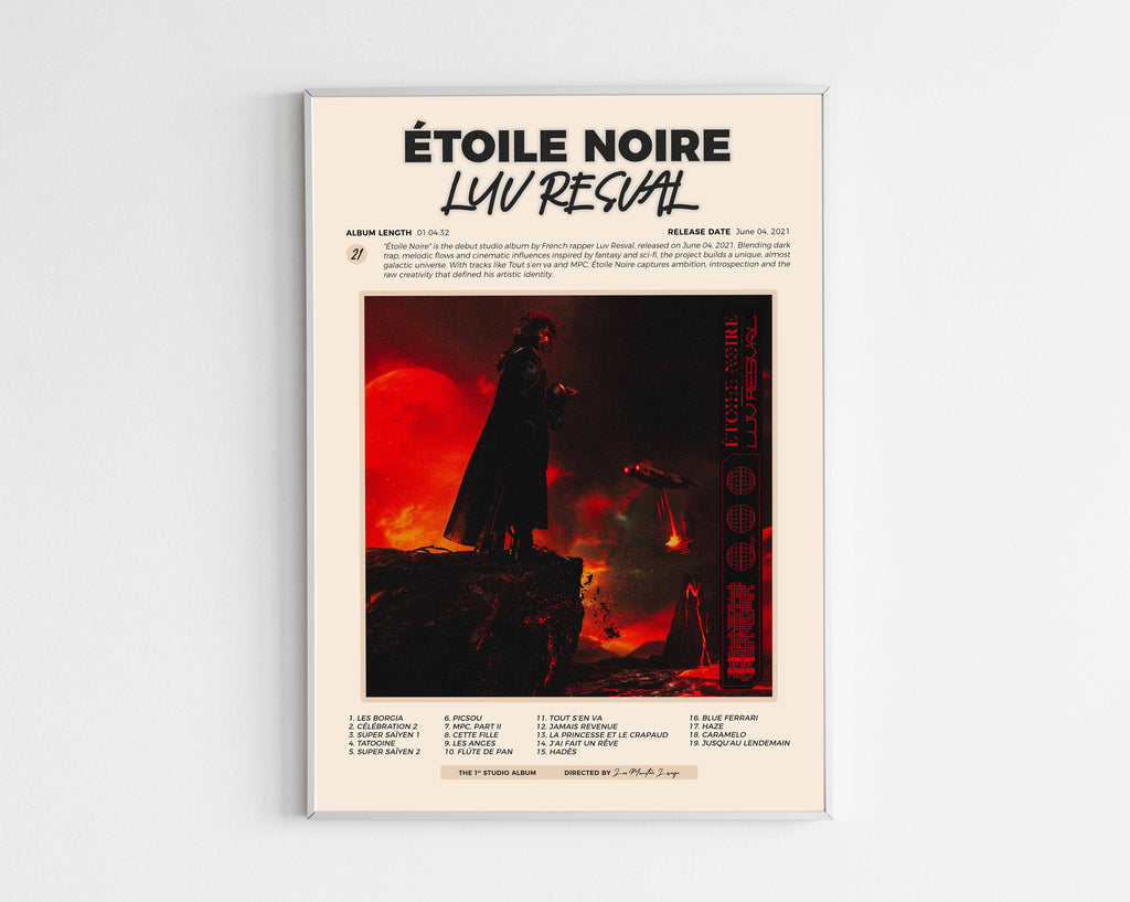 Poster design de l'album Étoile Noire de Luv Resval, style minimaliste avec tracklist et détails de production, idéal pour collectionneur de rap virtuose.