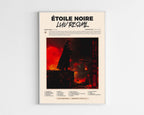 Poster design de l'album Étoile Noire de Luv Resval, style minimaliste avec tracklist et détails de production, idéal pour collectionneur de rap virtuose.