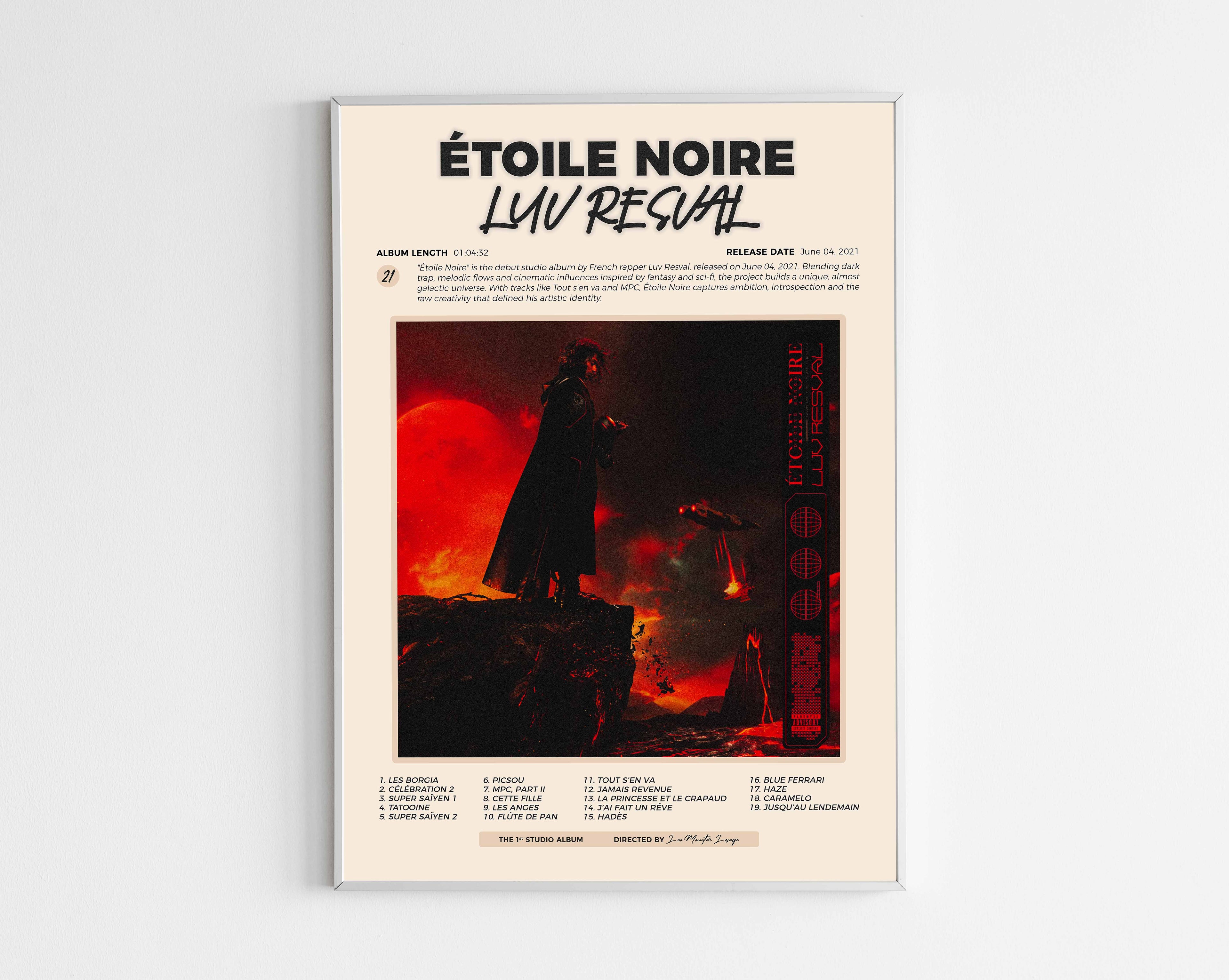 Poster design de l'album Étoile Noire de Luv Resval, style minimaliste avec tracklist et détails de production, idéal pour collectionneur de rap virtuose.