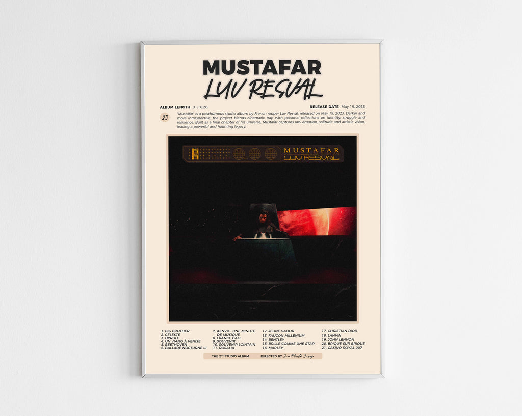 Poster minimaliste encadré de l'album Mustafar de Luv Resval bien visible sur fond blanc, impression premium 300g.