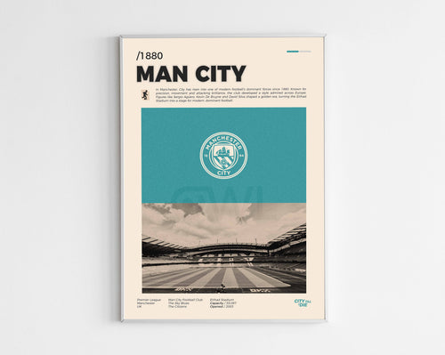 Poster minimaliste encadré de Manchester City bien visible sur fond blanc, logo club de foot Angleterre, impression premium.