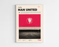 Poster minimaliste encadré de Manchester United bien visible sur fond blanc, logo club de foot Angleterre, impression premium.