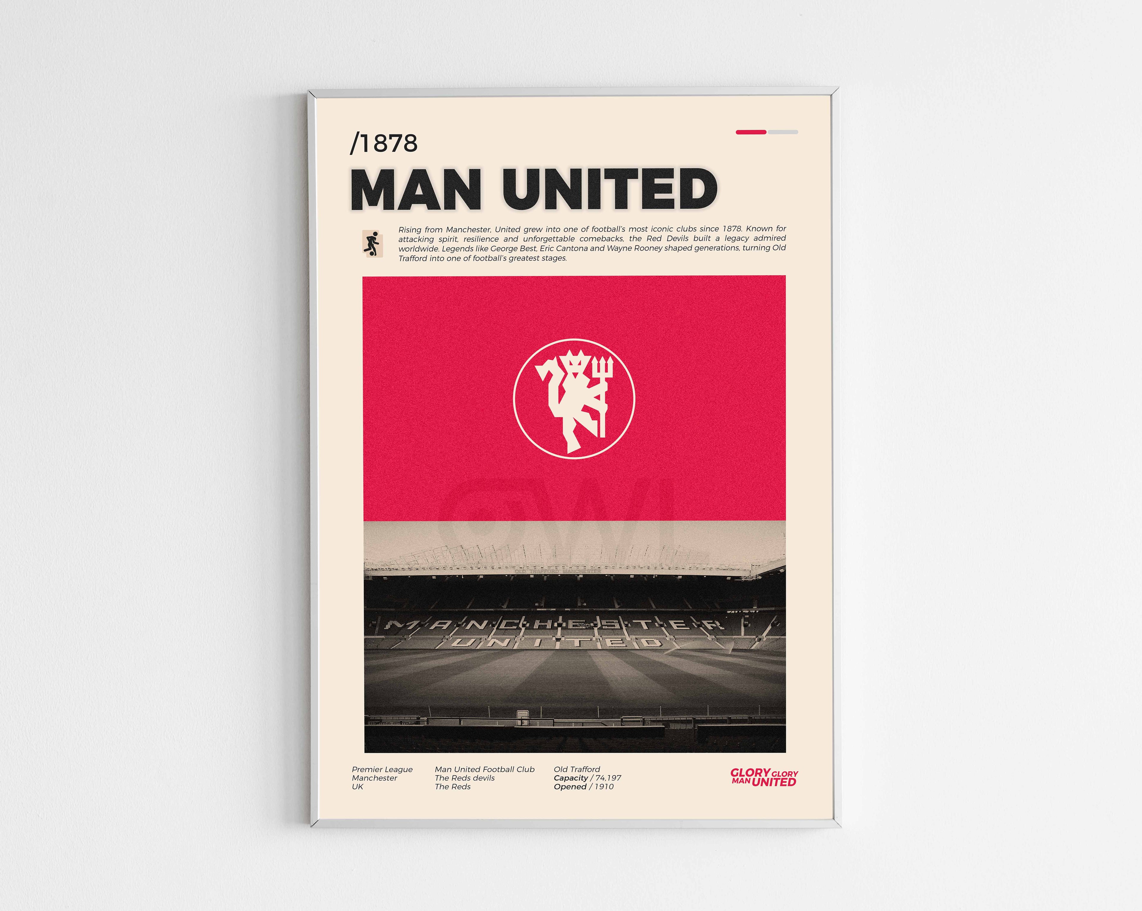 Poster minimaliste encadré de Manchester United bien visible sur fond blanc, logo club de foot Angleterre, impression premium.