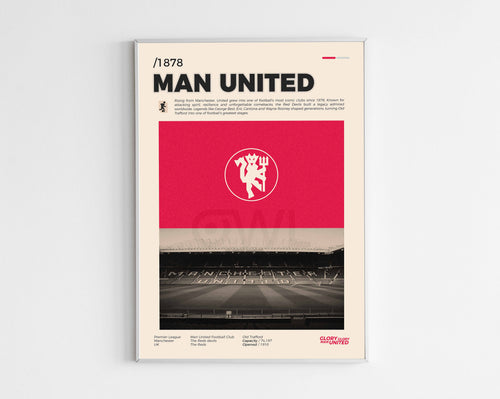 Poster minimaliste encadré de Manchester United bien visible sur fond blanc, logo club de foot Angleterre, impression premium.