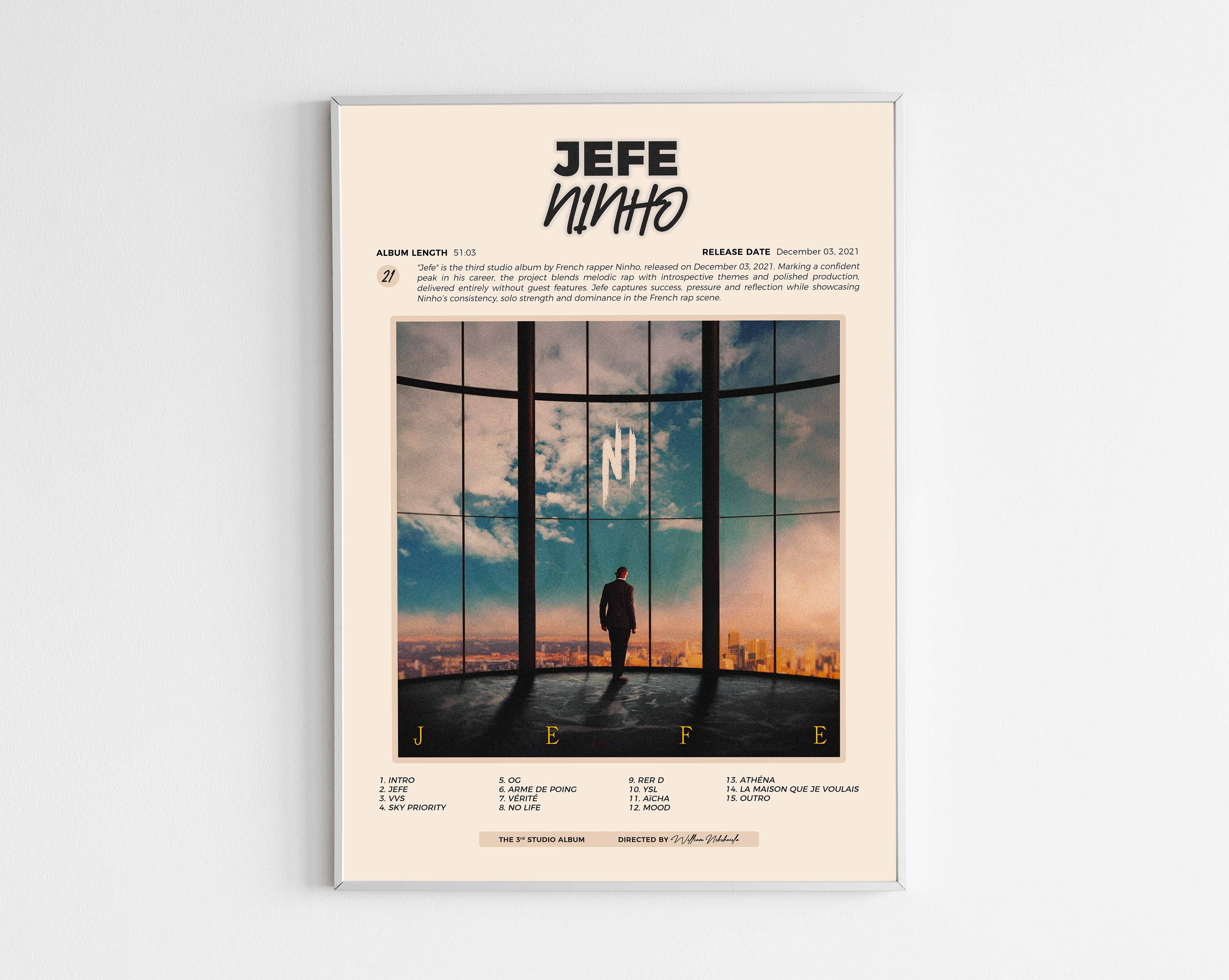 Poster minimaliste encadré de l'album Jefe de Ninho bien visible sur fond blanc, impression premium 300g.