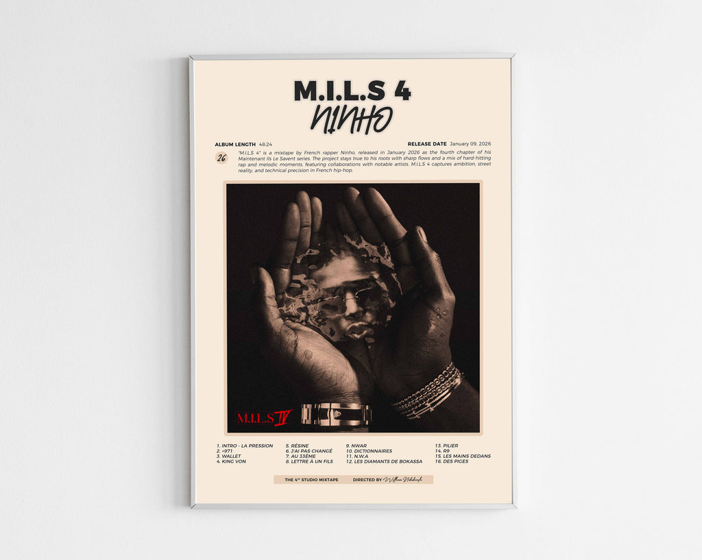 Poster minimaliste encadré de la mixtape M.I.L.S 4 de Ninho bien visible sur fond blanc, impression premium 300g.