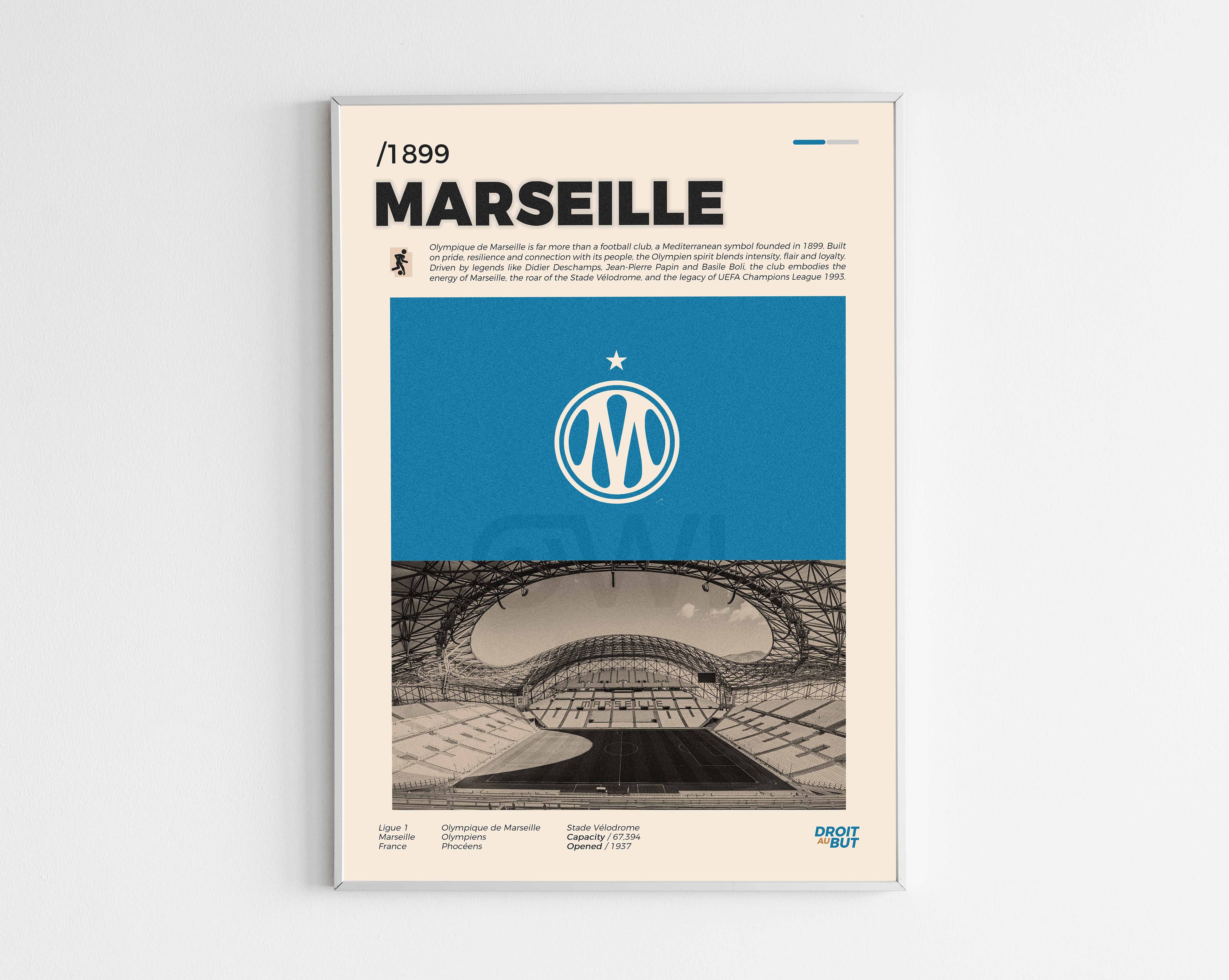 Poster minimaliste encadré de l'Olympique de Marseille bien visible sur fond blanc, logo club de foot OM, impression premium.
