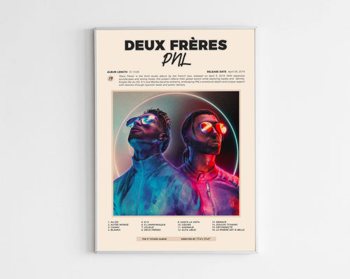Poster minimaliste encadré de l'album Deux Frères de PNL bien visible sur fond blanc, impression premium 300g.
