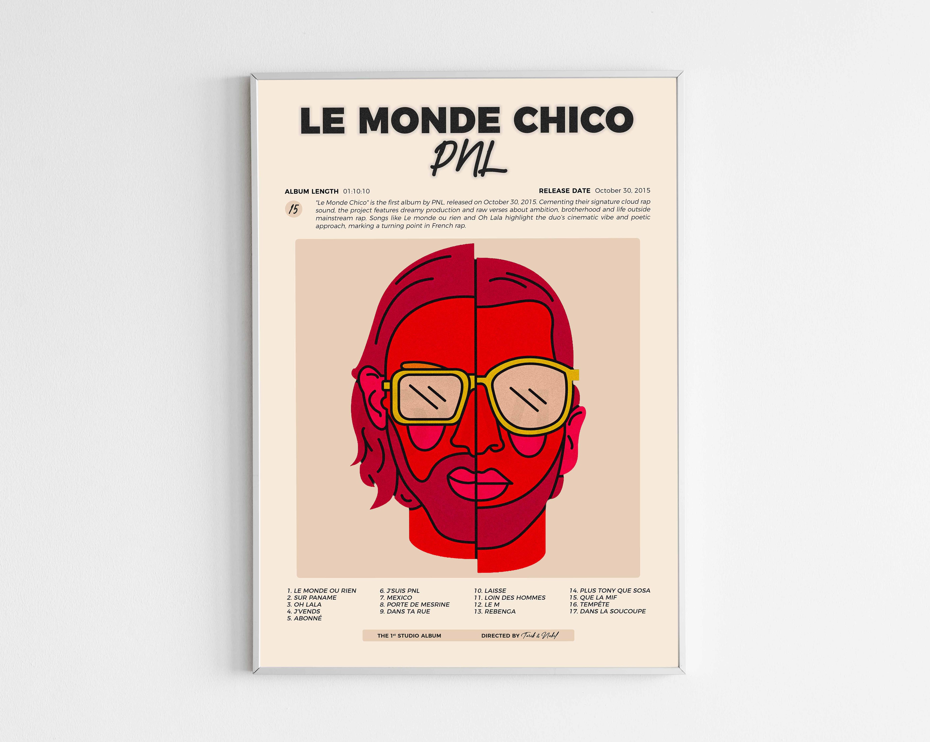 Poster minimaliste encadré de l album Le Monde Chico de PNL bien visible sur fond blanc, impression premium 300g.