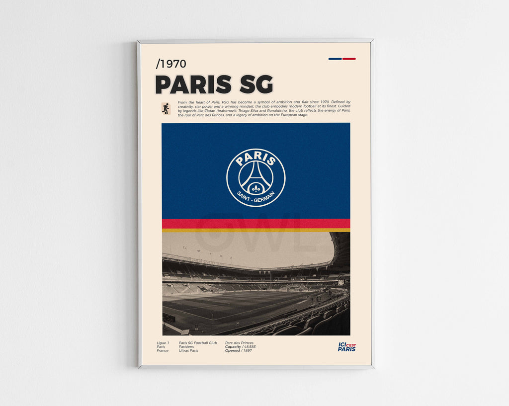 Poster minimaliste encadré du Paris Saint-Germain bien visible sur fond blanc, logo club de foot PSG, impression premium.