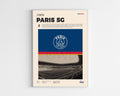 Poster minimaliste encadré du Paris Saint-Germain bien visible sur fond blanc, logo club de foot PSG, impression premium.
