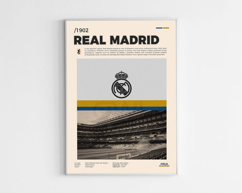 Poster minimaliste encadré du Real Madrid CF bien visible sur fond blanc, logo club de foot Espagne, impression premium.