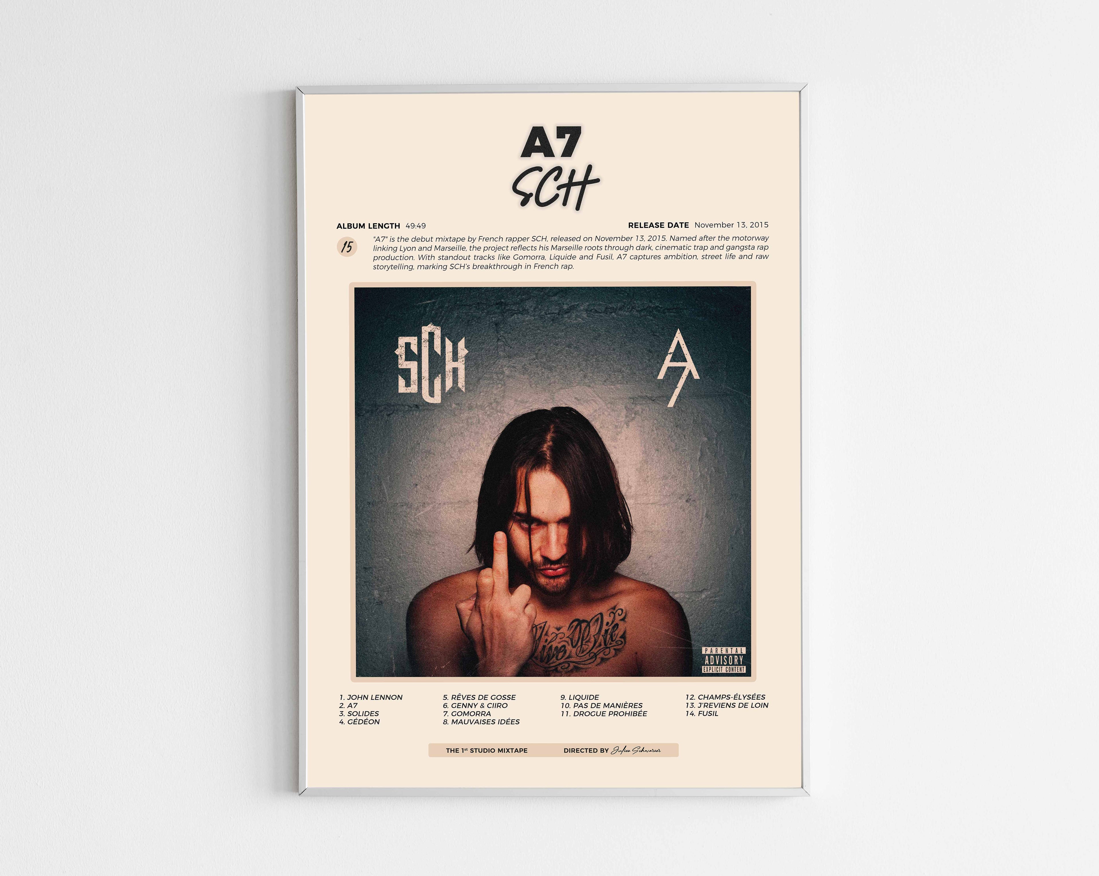 Poster minimaliste encadré de la mixtape A7 de SCH bien visible sur fond blanc, impression premium 300g.