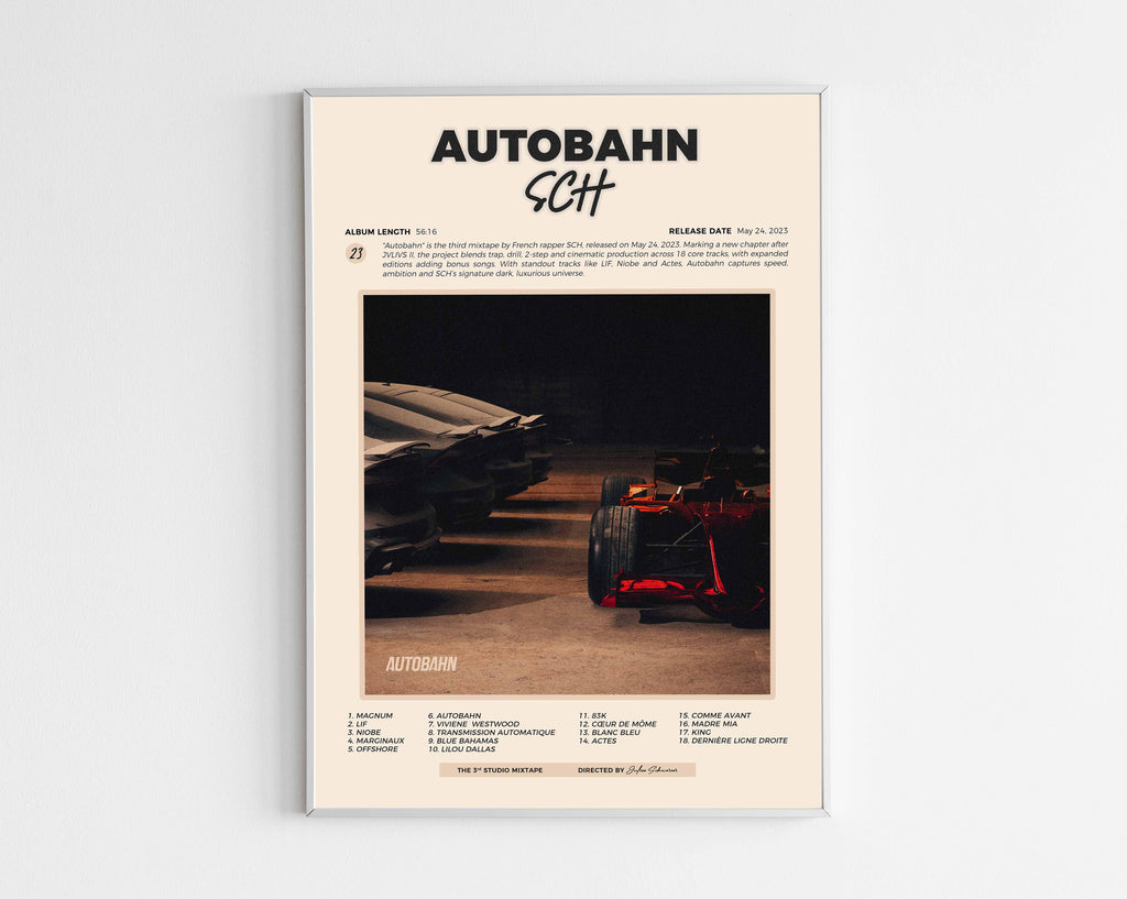 Poster minimaliste encadré de la mixtape Autobahn de SCH bien visible sur fond blanc, impression premium 300g.