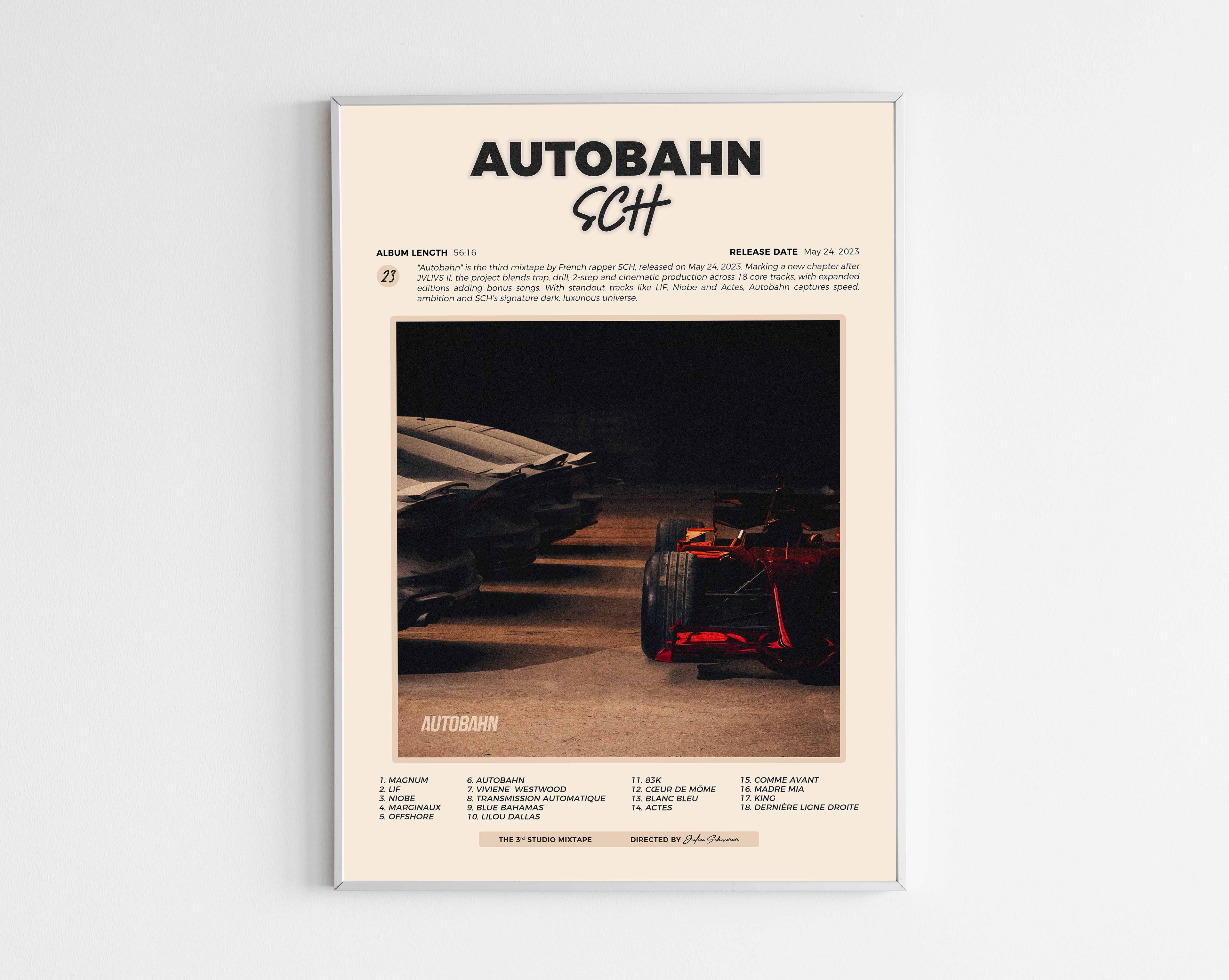 Poster minimaliste encadré de la mixtape Autobahn de SCH bien visible sur fond blanc, impression premium 300g.