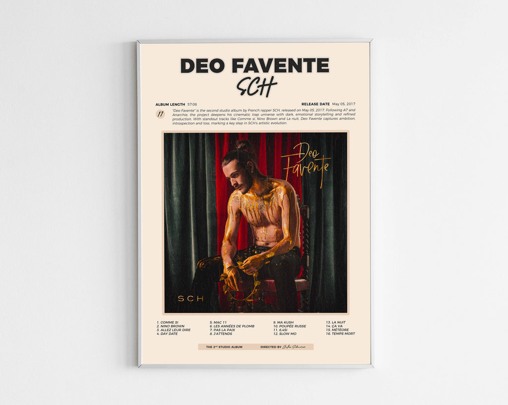 Poster minimaliste encadré de l'album Deo Favente de SCH bien visible sur fond blanc, impression premium 300g.