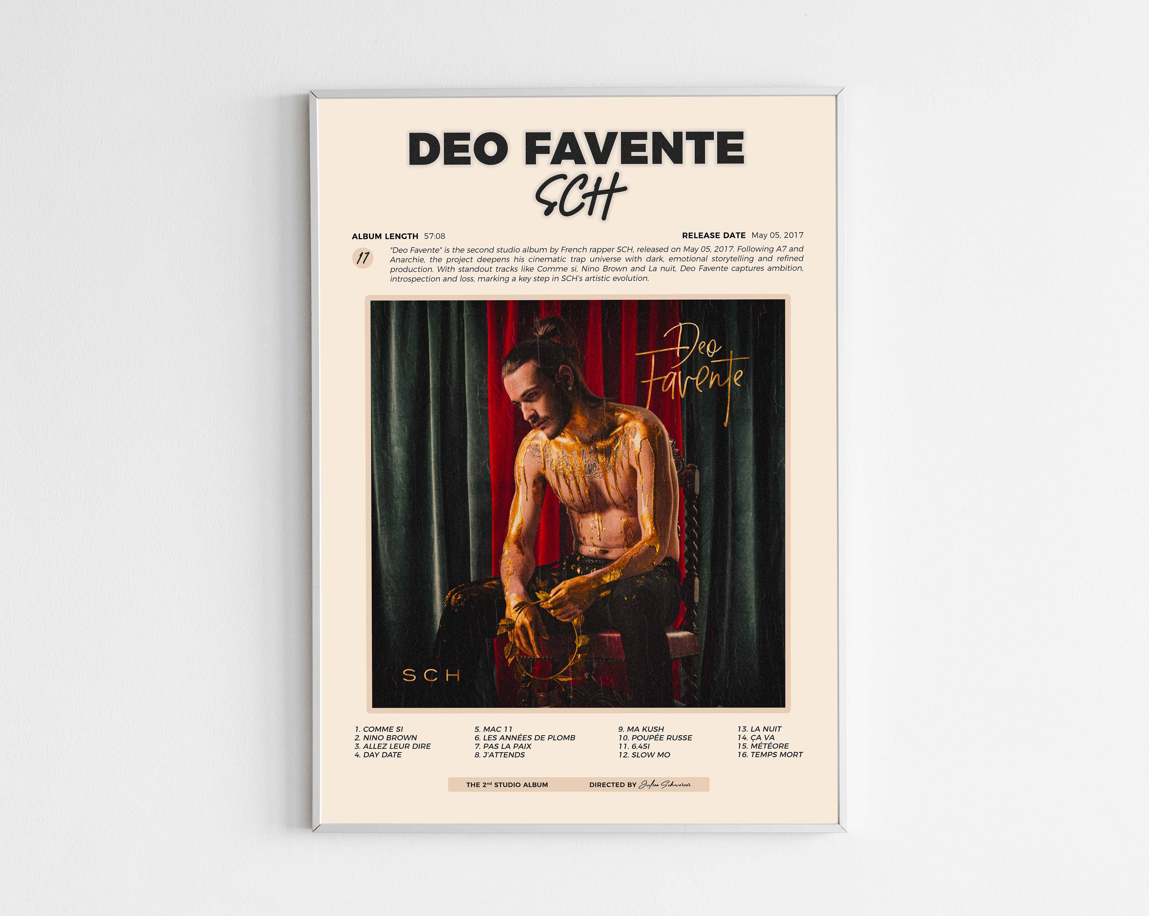 Poster minimaliste encadré de l'album Deo Favente de SCH bien visible sur fond blanc, impression premium 300g.