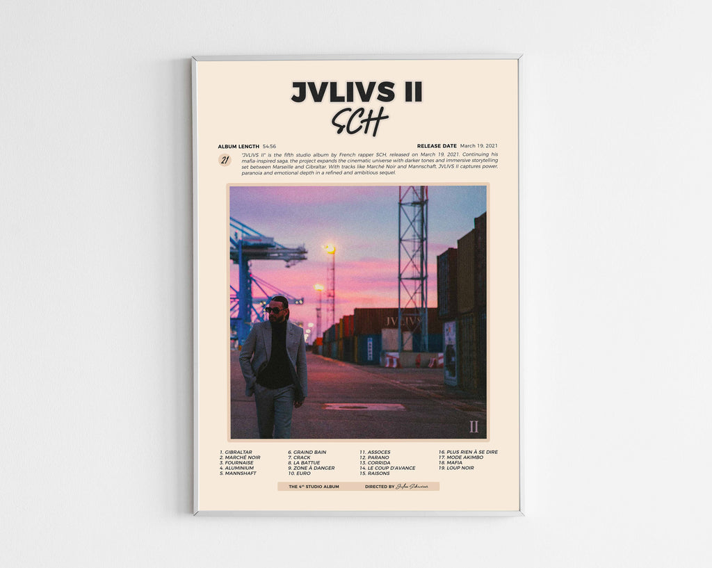 Poster minimaliste encadré de l'album JVLIVS II Marche Noir de SCH bien visible sur fond blanc, impression premium 300g.