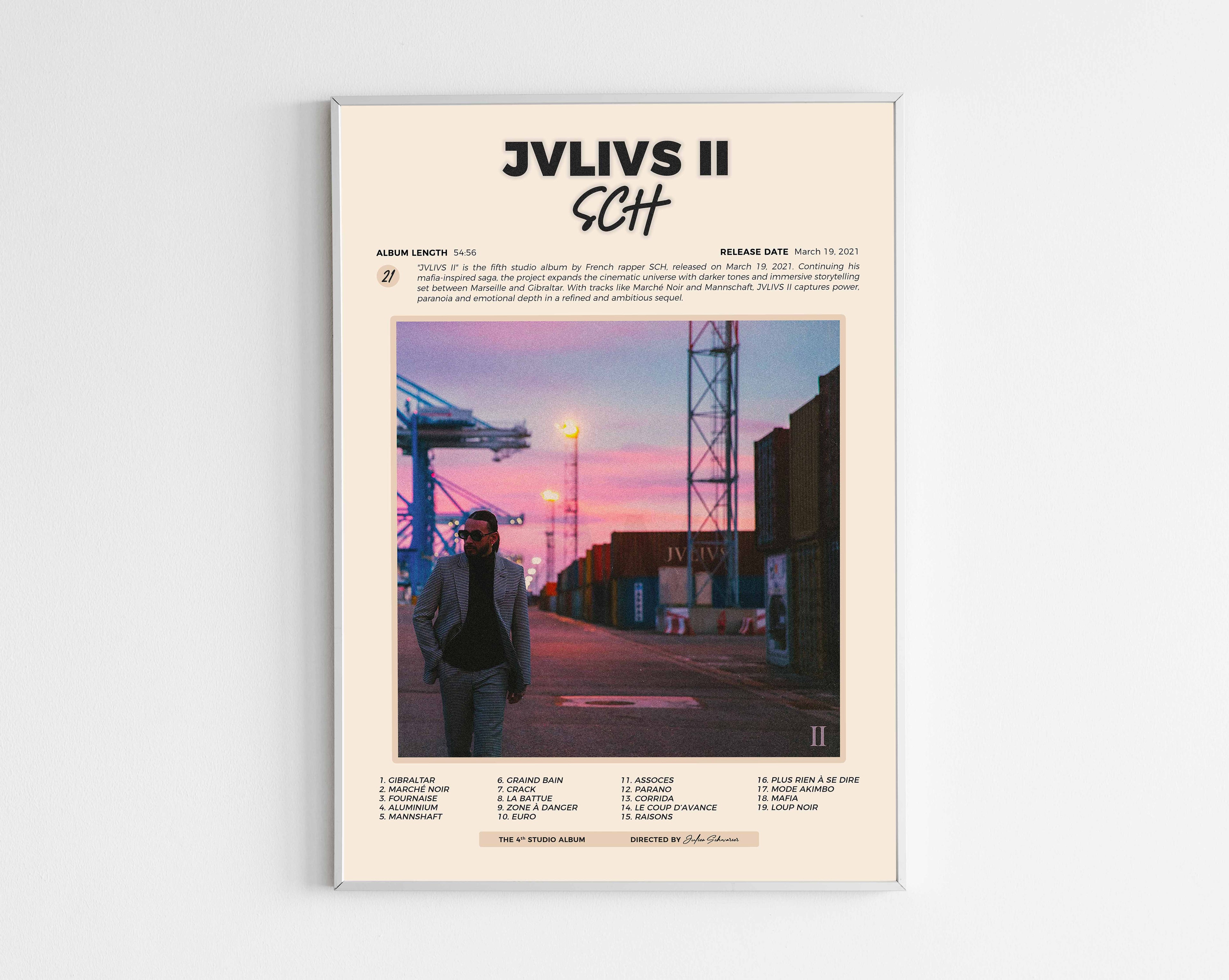 Poster minimaliste encadré de l'album JVLIVS II Marche Noir de SCH bien visible sur fond blanc, impression premium 300g.
