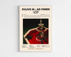 Poster design de l'album JVLIVS 3 de SCH, style minimaliste avec tracklist et détails de production, idéal pour collectionneur de rap cinématographique.