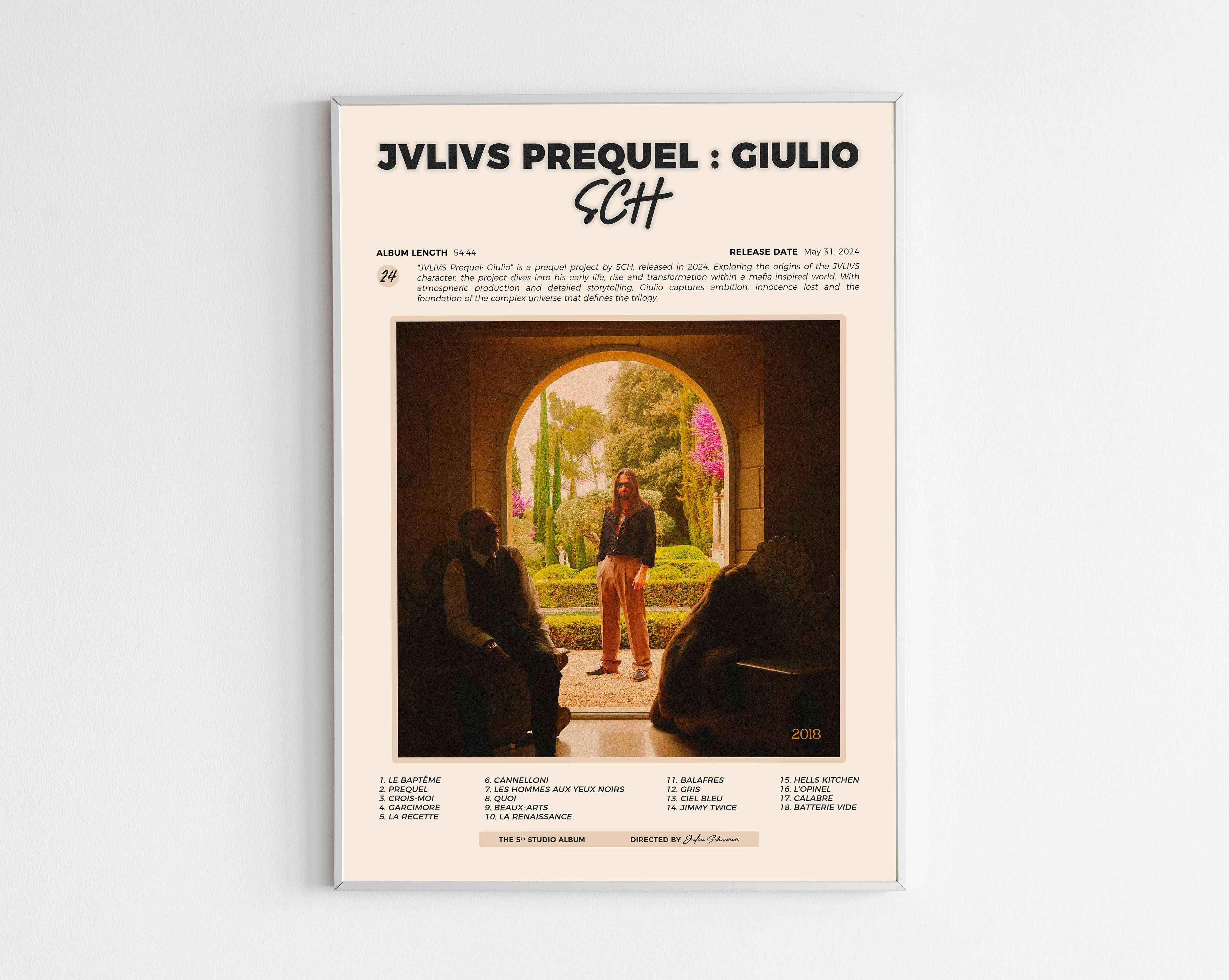 Poster minimaliste encadré de l'album JVLIVS Prequel Giulio de SCH bien visible sur fond blanc, impression premium 300g.