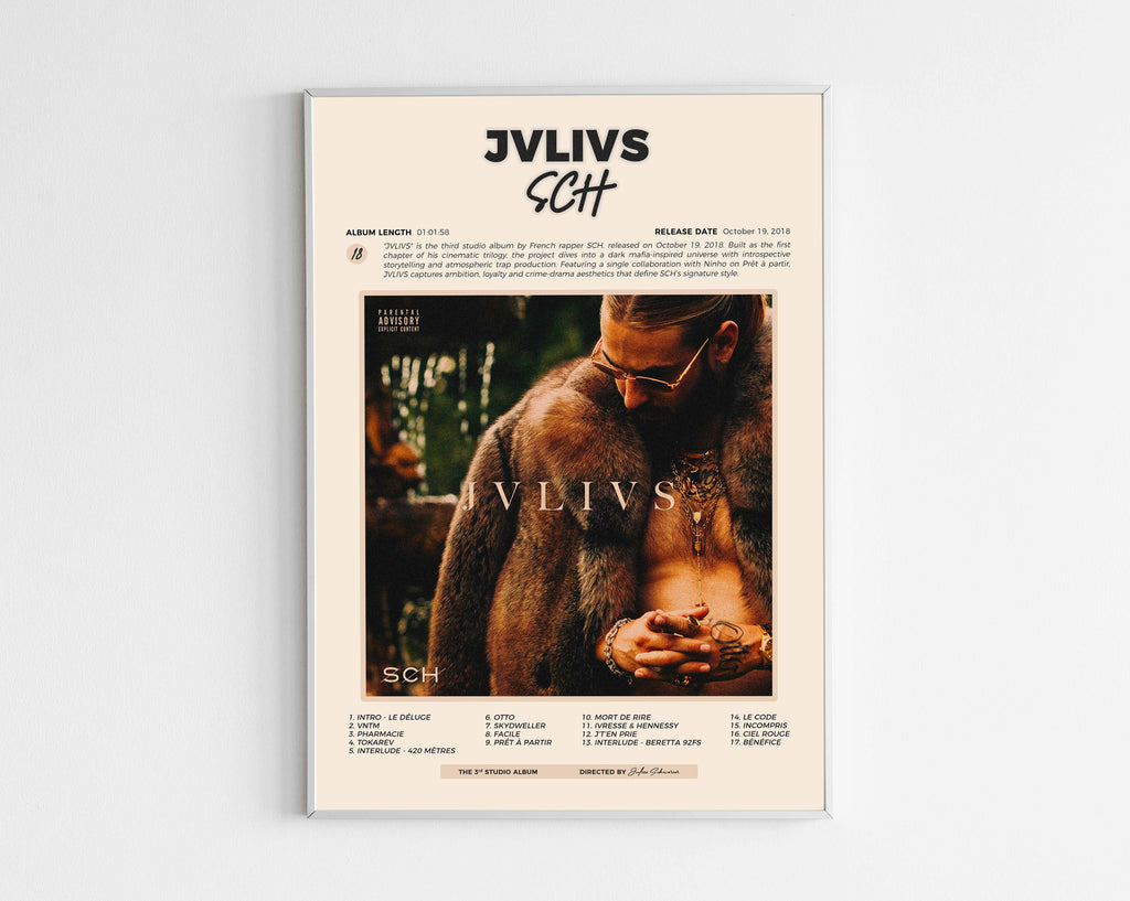 Poster minimaliste encadré de l'album JVLIVS de SCH bien visible sur fond blanc, impression premium 300g.