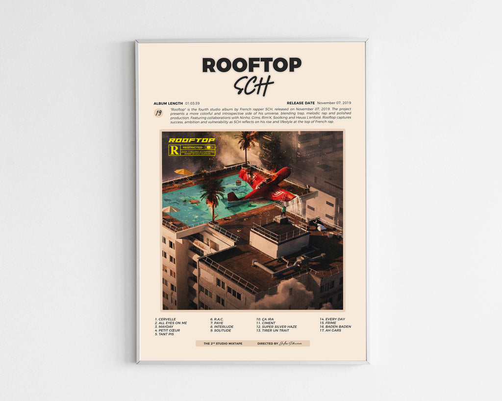 Poster minimaliste encadré de l'album Rooftop de SCH bien visible sur fond blanc, impression premium 300g.