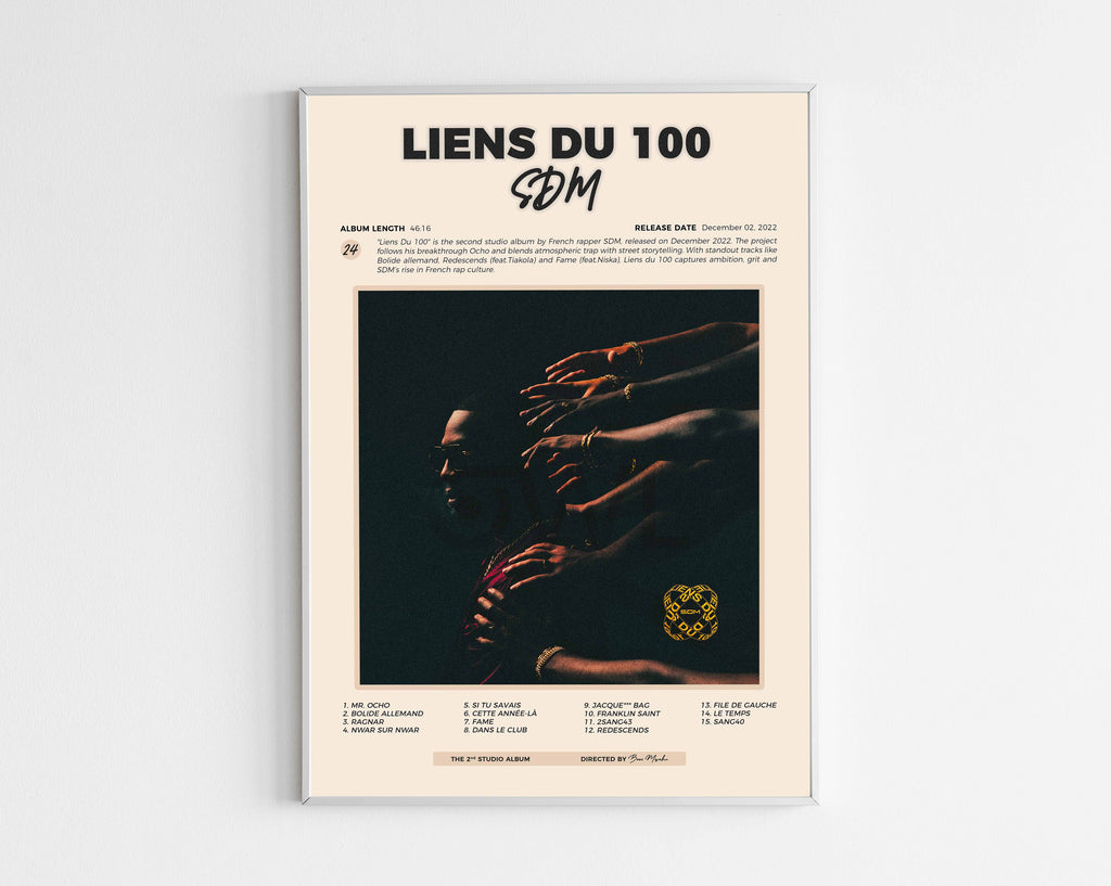 Poster minimaliste encadré de l'album Liens du 100 de SDM bien visible sur fond blanc, impression premium 300g.