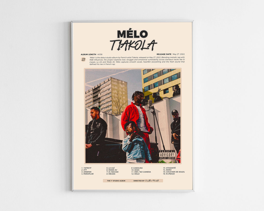 Poster minimaliste encadré de l'album Mélo de Tiakola bien visible sur fond blanc, impression premium 300g.