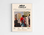 Poster minimaliste encadré de l'album Mélo de Tiakola bien visible sur fond blanc, impression premium 300g.