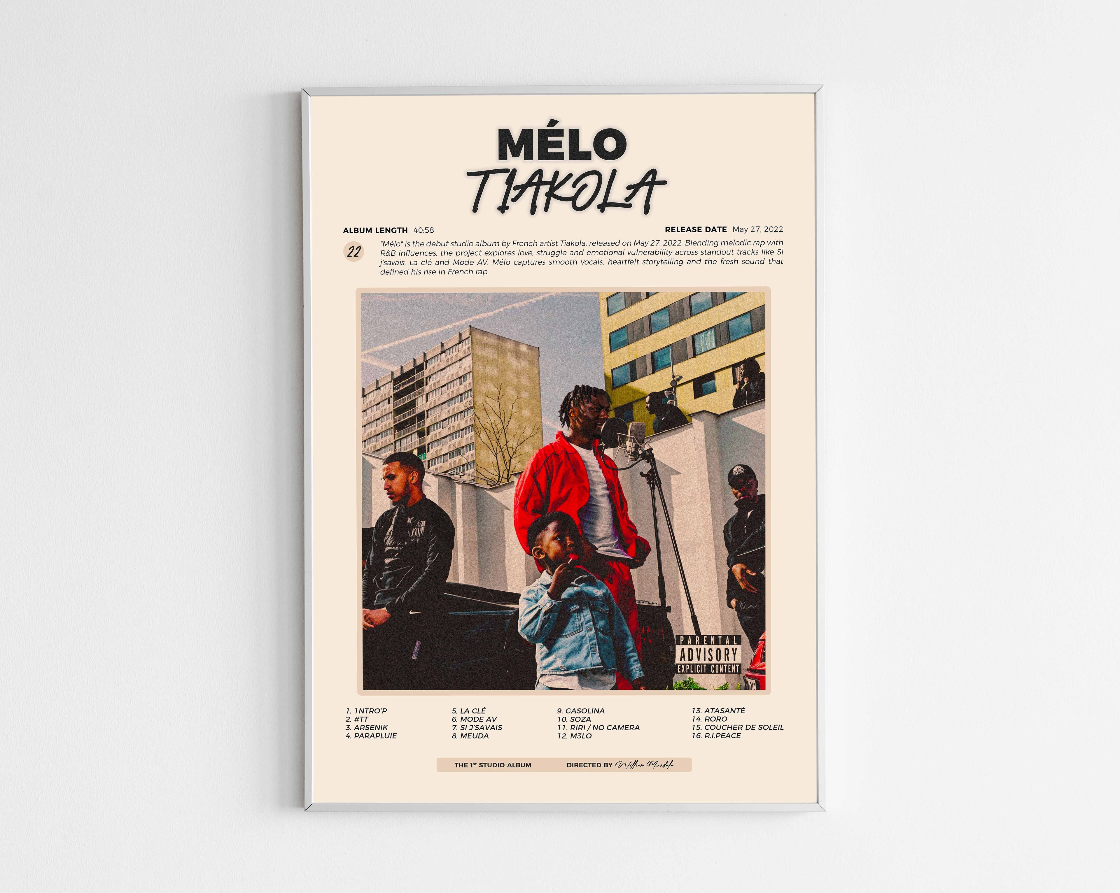 Poster minimaliste encadré de l'album Mélo de Tiakola bien visible sur fond blanc, impression premium 300g.