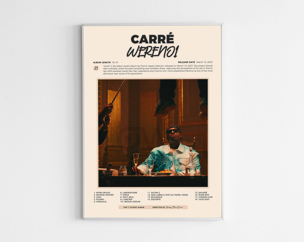 Poster minimaliste encadré de l'album Carré de Werenoi bien visible sur fond blanc, impression premium 300g.