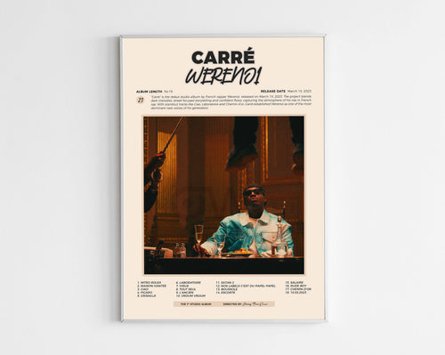 Poster minimaliste encadré de l'album Carré de Werenoi bien visible sur fond blanc, impression premium 300g.